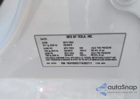 2026 Tesla Model Y Long Range Launch Series/Premium All-Wheel Drive z USA, uszkodzony, nr VIN 7SAYGDEE1TA393717